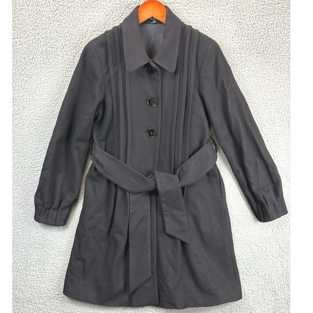 Theory Belted Trench Coat Womens L Black Button Front Pleated Wool Outerwear